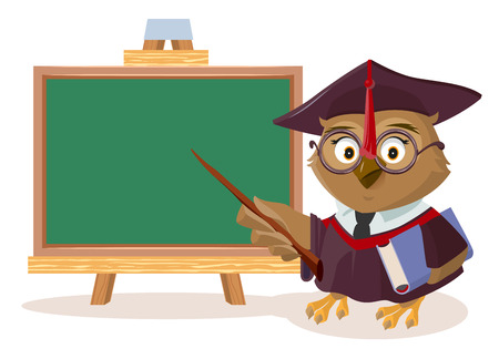 Owl teacher with book and pointer stands near blackboard. Vector cartoon illustrationのイラスト素材