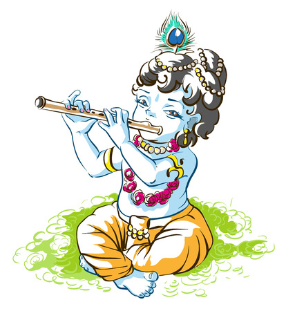 God Krishna Janmashtami. Boy shepherd playing flute. Vector cartoon illustrationのイラスト素材