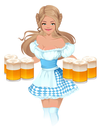 Oktoberfest Beer Festival. German girl waitress holding mugs of beer. Isolated on white vector illustrationのイラスト素材