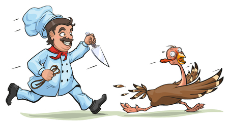 Cook with knife pursues frightened turkey. Fun concept for Thanksgiving Day. Isolated on white vector cartoon illustrationのイラスト素材