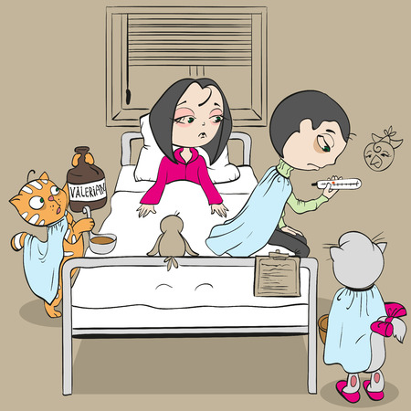 Woman patient on bed and doctor. Cat medic gives valerian. Fun vector cartoon illustrationのイラスト素材