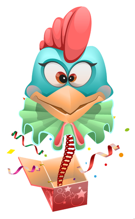 Blue head Rooster clown jumps out of box. Isolated on white cartoon illustrationのイラスト素材