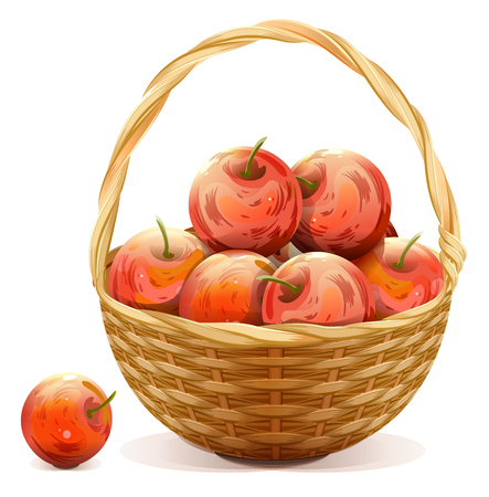 Wicker basket full of red apples. Isolated on white vector illustrationのイラスト素材