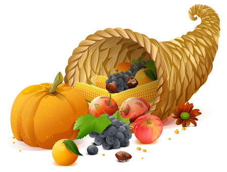 Cornucopia rich harvest on day of Thanksgiving. Isolated on white vector illustrationのイラスト素材