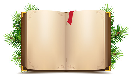 Open book with blank pages and red bookmark. Green Christmas pine branch. Isolated on white vector illustrationのイラスト素材