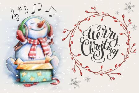 Snowman listening Christmas song. Watercolor illustration for greeting cardの写真素材