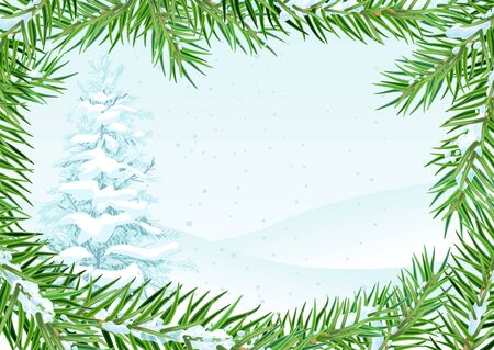 Winter landscape with snow fir. Fir branch under snow frame. Vector season nature illustrationのイラスト素材