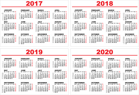 Set grid wall calendar for 2017, 2018, 2019, 2020. Illustration template in vector formatのイラスト素材