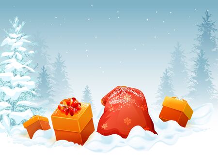 Gift box and bag on snow in winter forest. Illustration in vector formatのイラスト素材