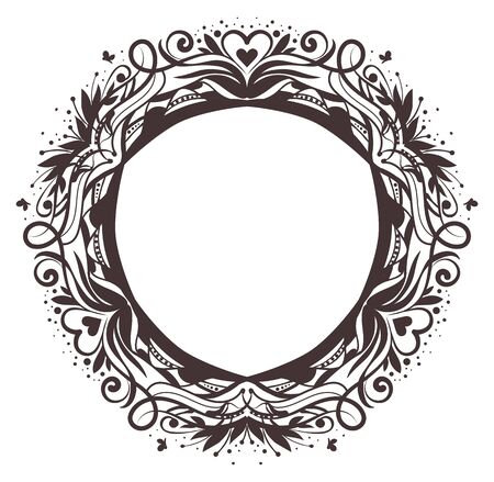 Black round floral frame ornament. Isolated on white vector illustrationのイラスト素材