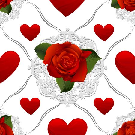 Rose flower bud and red heart shape seamless. Vector illustration for valentines dayのイラスト素材