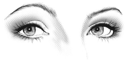 Female eyes look. Black and white vector etching illustration