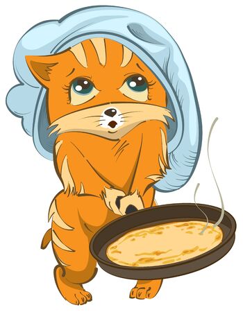 Cat chef cook fry pancakes in a frying pan. Russian holiday Shrovetide Forgiveness Sunday. Isolated on white fun vector cartoon illustrationのイラスト素材
