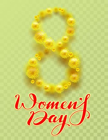 8 March International Womens Day. Yellow flower of acacia and lettering text on transparent background. Vector illustrationのイラスト素材