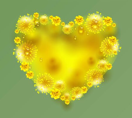 Yellow mimosa flowers heart shape on green background. Vector illustrationのイラスト素材