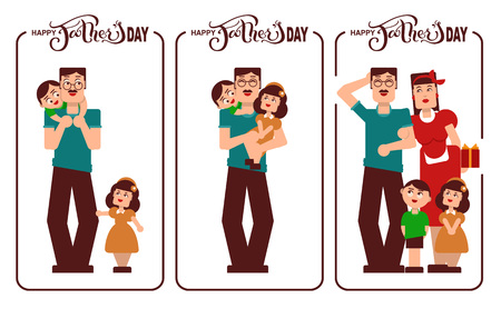 Happy Fathers Day. Dad, mom and kids happy family. Lettering text for template greeting card. Isolated on white vector cartoon illustrationのイラスト素材