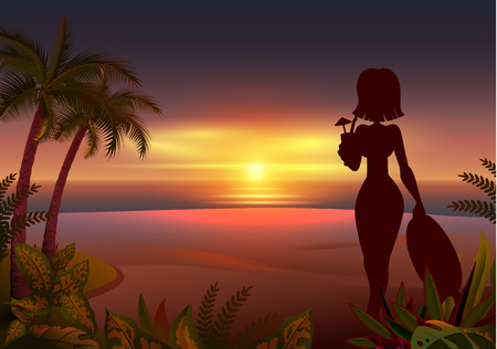 Sunset tropical beach. Beautiful young woman silhouette drinking cocktail. Vector cartoon illustrationのイラスト素材