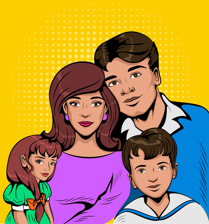 Portrait of young family and children. Vector pop art illustrationのイラスト素材