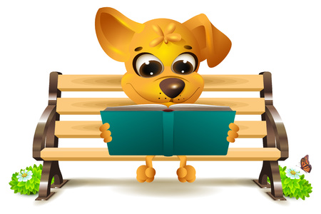 Yellow dog sits on bench and reads book. Vector 3d illustrationのイラスト素材
