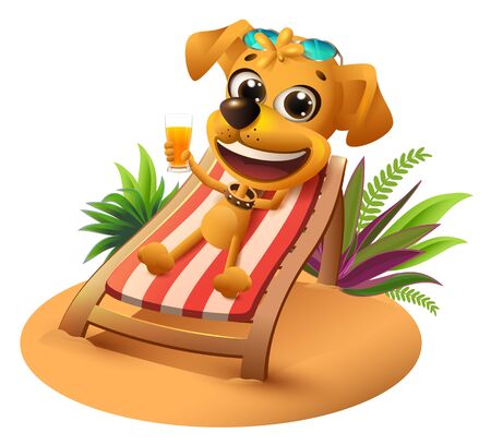 Summer beach vacation. Yellow dog lies on deckchair and holds orange juice. Isolated on white vector cartoon illustrationのイラスト素材