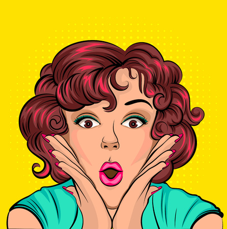 Surprised young woman doing wow. Vector comic pop art illustrationのイラスト素材