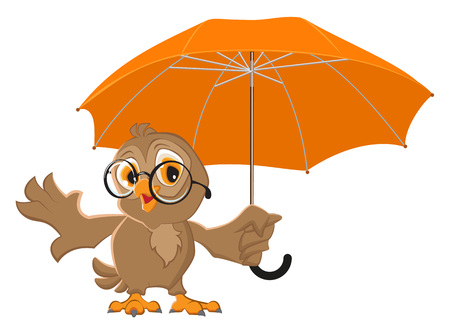 Owl bird holds open umbrella. Isolated on white vector cartoon illustrationのイラスト素材
