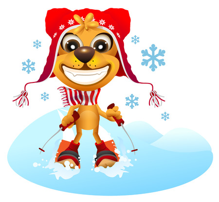 Yellow dog skier in red hat skiing. Fun vector cartoon illustrationのイラスト素材
