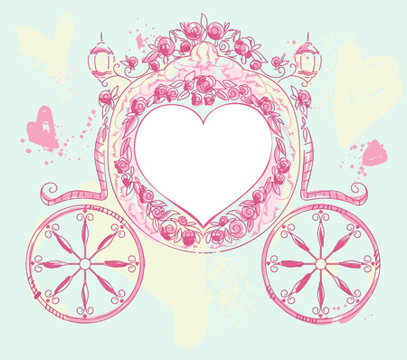 Wedding carriage heart shaped decorated with roses. Wedding invitation template vector illustration.のイラスト素材