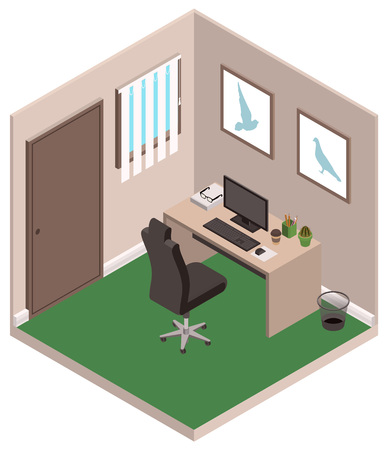 Personal study private office room. Computer, desk and chair. Isometric vector illustrationのイラスト素材