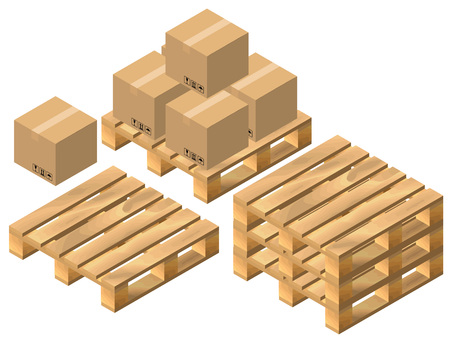 Set pallet and cardboard boxes. Isolated on white vector 3d isometric illustrationのイラスト素材