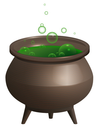 Large iron pot with green magic potion. Halloween accessory. Isolated on white vector cartoon illustrationのイラスト素材