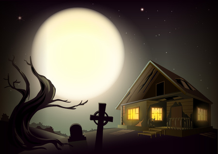 Halloween gloomy night landscape. Big full moon in sky. House with glow windows, tree and cemetery. Vector cartoon illustrationのイラスト素材