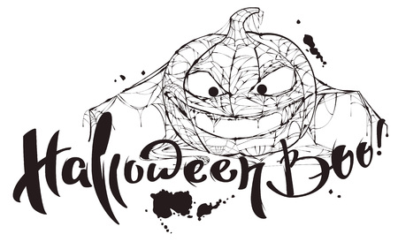 Halloween boo text. Pumpkin spider web silhouette makes boo. Isolated on white vector illustration template for greeting cardのイラスト素材
