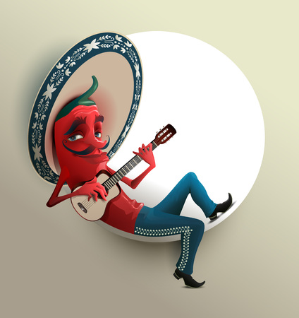 Red Mexican hot chili pepper in sombrero playing guitar. Vector cartoon illustrationのイラスト素材