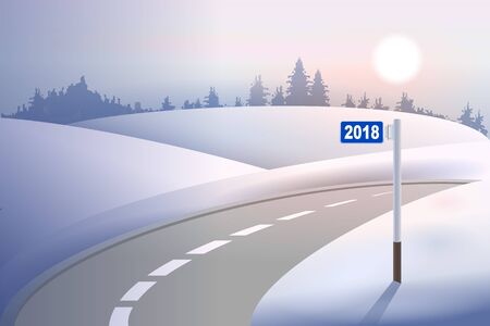 Kilometer mile pillar 2018 on winter road. Concept New Year. Vector illustrationのイラスト素材