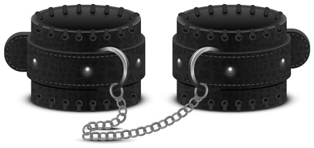 Black leather handcuffs on chain. Accessory toy for fetish bdsm game. Isolated on white vector illustrationのイラスト素材