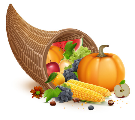 Full cornucopia for Thanksgiving feast day. Rich harvest of pumpkin, apple, corn, grapes, watermelon. Isolated on white vector illustrationのイラスト素材