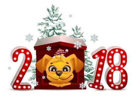 2018 year of yellow dog in Chinese calendar. Cartoon dog in doghouse looks forward and Christmas pine tree.のイラスト素材