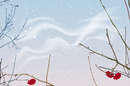 Red berries and branches of mountain ash on background of winter sky. Snowfall winter sky landscape. Vector nature illustrationのイラスト素材