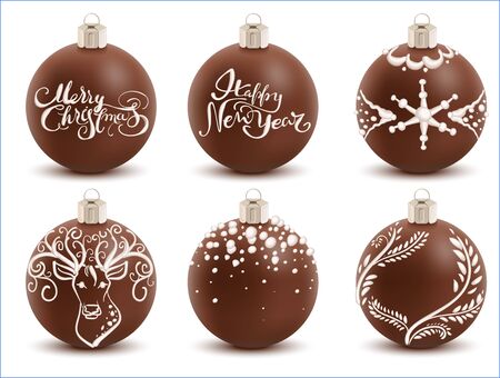 Set brown chocolate christmas ball. Sweet festive decoration. Isolated on white vector illustrationのイラスト素材