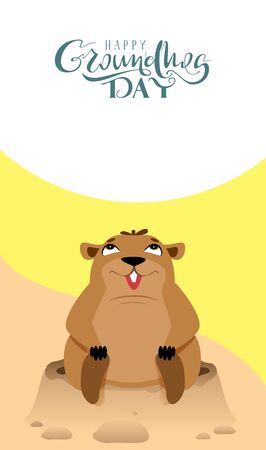 Happy Groundhog Day lettering text greeting card. Funny marmot sits and looks up. Vector cartoon illustrationのイラスト素材
