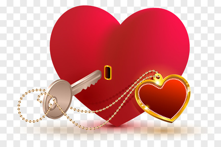 Love is key to heart of your beloved. Red heart shape lock and key. Isolated on transparent background vector illustrationのイラスト素材