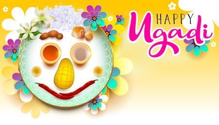 Happy Ugadi text. Traditional indian holiday food. Vector illustration greeting cardのイラスト素材