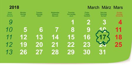 March 17, 2018 St. Patrick's Day Calendar. Vector illustrationのイラスト素材