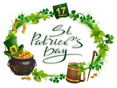 Patricks Day accessories pot gold, beer mug, clover leaf, March 17, wreath grass. Isolated on white vector cartoon illustrationのイラスト素材