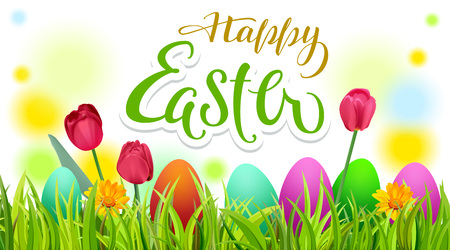 Happy easter text greeting card. Season spring green grass, colored eggs and flowers. Vector illustrationのイラスト素材