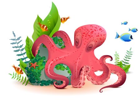 Underwater world red octopus and colored fishes. Isolated on white vector cartoon illustrationのイラスト素材