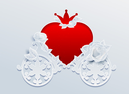 Greeting card wedding carriage shaped heart and rose flowers. Vector illustrationのイラスト素材