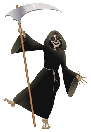 Death in black cloak with scythe dancing party Halloween. Isolated on white fun vector cartoon illustration