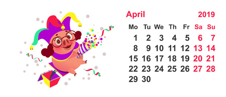 Pig clown calendar april 2019 year. Fools Day vector cartoon illustrationのイラスト素材